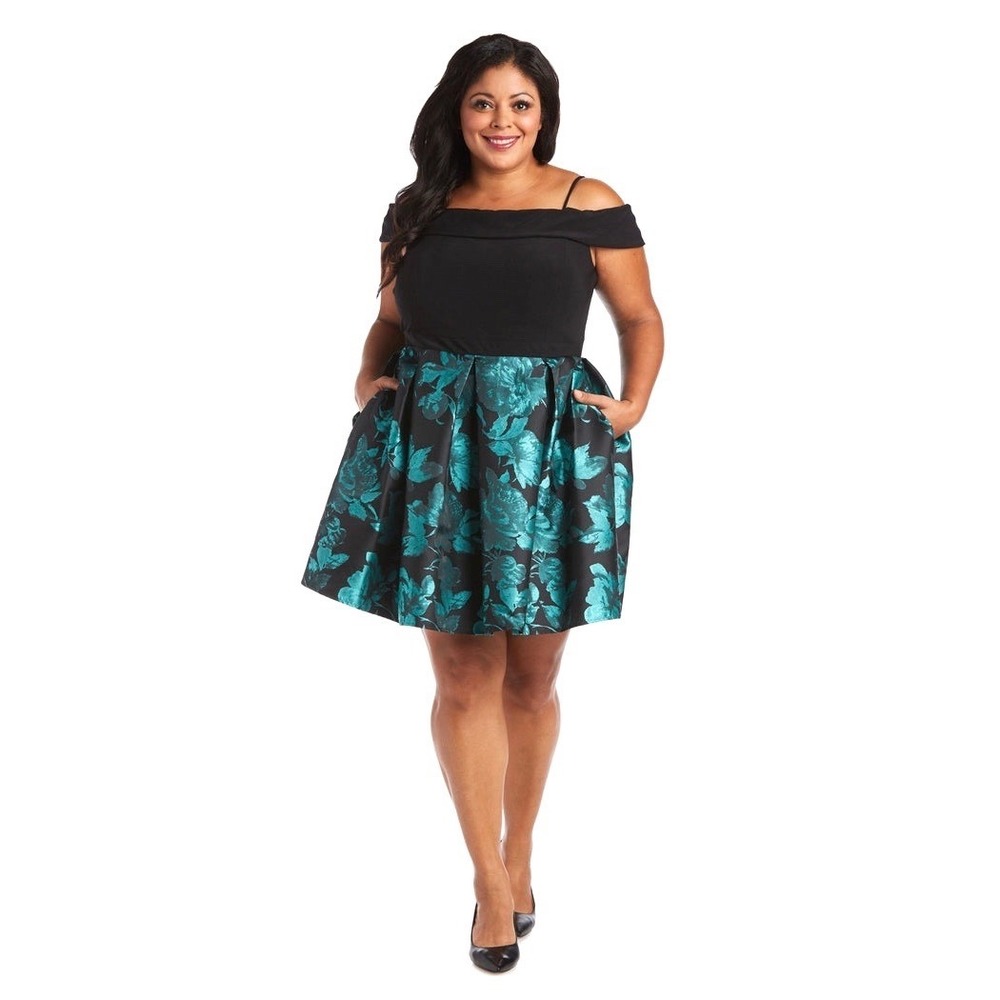 Morgan & Co. Floral Print Off-The-Shoulder Cocktail Dress Size‎ 18W Black/Teal